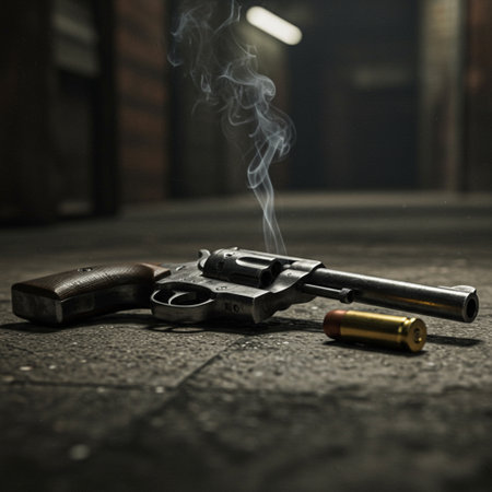 pistol and bullets on the floor in the dark with smokeの素材