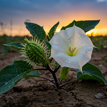 Datura stramonium flower in the field at sunsetの素材