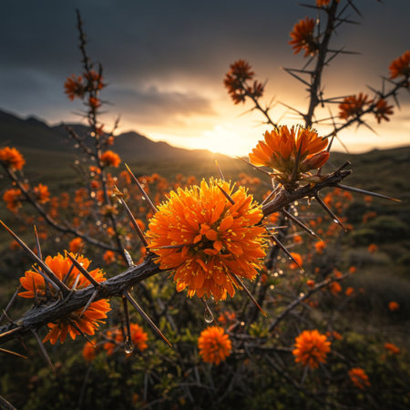 Sunset in the mountains with orange flowers in the foreground and mountains in the backgroundの素材