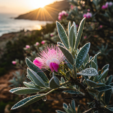 Pink flower on the background of the sea in the rays of the setting sunの素材