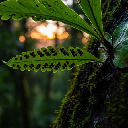Fern leaves in the rainforest at sunset. Beautiful natural background.の素材