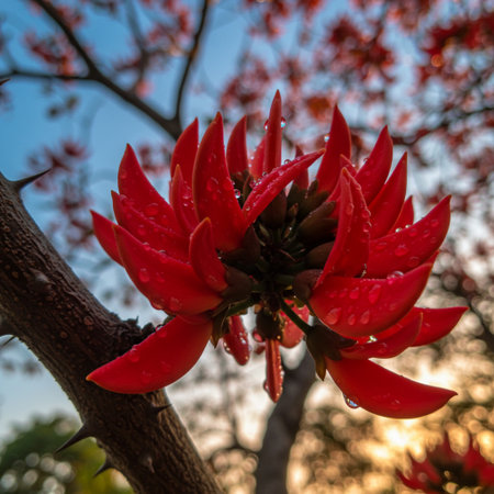 Flowers of the Bombax ceiba tree in bloom with water dropsの素材