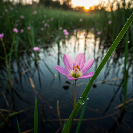 Pink flower in the meadow at sunset with water droplets.の素材