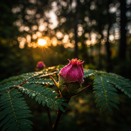 Beautiful rose flower in the forest at sunset. Shallow depth of fieldの素材