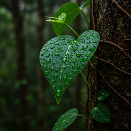 Water drops on green leaf with nature background, rainy season concept.の素材