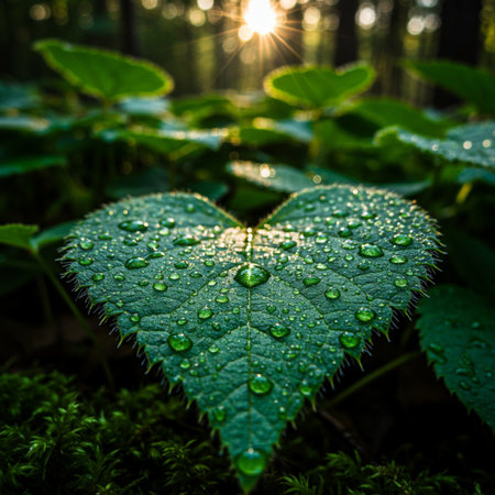 Green leaves with water drops in the forest at sunrise. Beautiful natural background.の素材