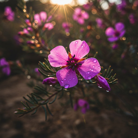 Pink flowers with dew drops in a meadow at sunset.の素材