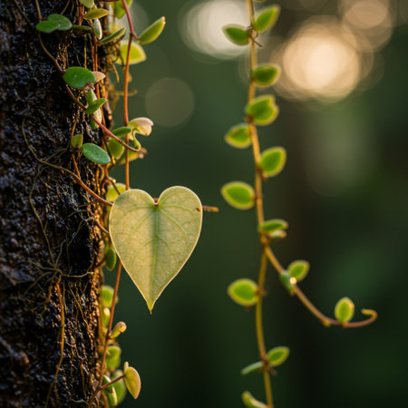 Green heart shaped leaves on tree trunk with sunlight background, Love conceptの素材