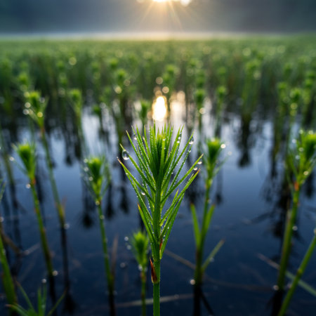 Water drops on the green grass in the rice field with sunrise.の素材