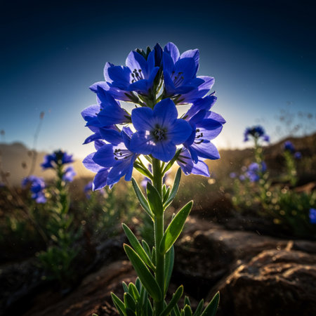 Blue flower on the background of a blue sky with sun rays.の素材