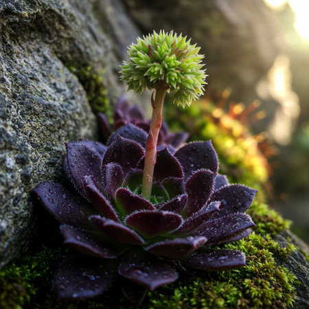 Sempervivum with dew drops on green moss in sunlightの素材