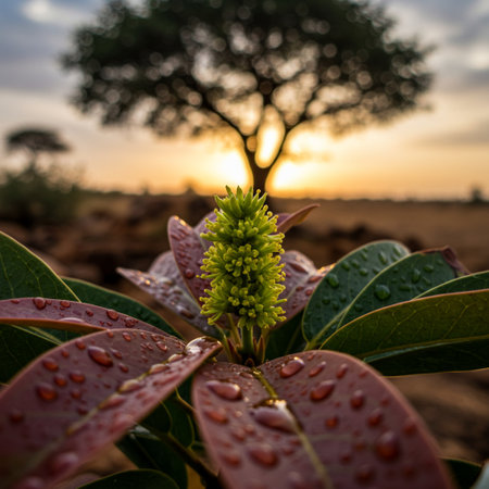 Water drops on the leaves of a tree in the sunset light.の素材