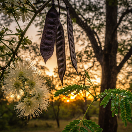 Carob pods and flowers in the garden at sunset, Thailand.の素材