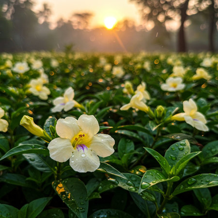 Beautiful yellow flowers in the garden with sunset background. (Selective focus)の素材