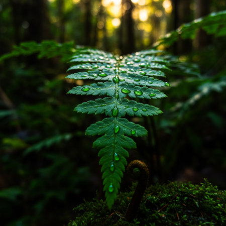 Water droplets on green fern leaves after rain in the forestの素材