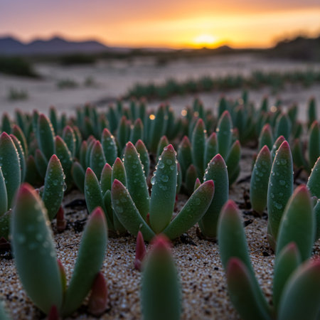 Cactuses on the beach at sunset, Fuerteventura, Canary Islands, Spainの素材