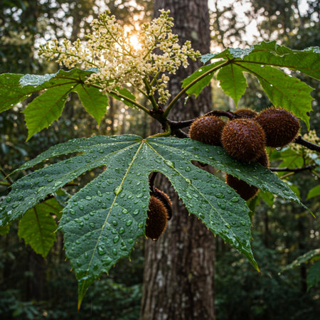 Tropical flowers on a tree with raindrops in the forestの素材