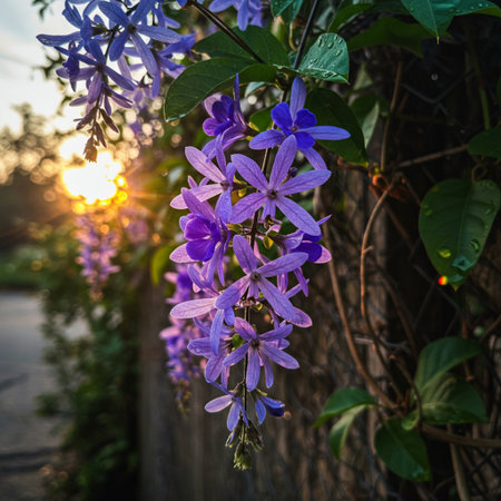 Purple flowers on the fence in the garden at sunset. Selective focus.の素材