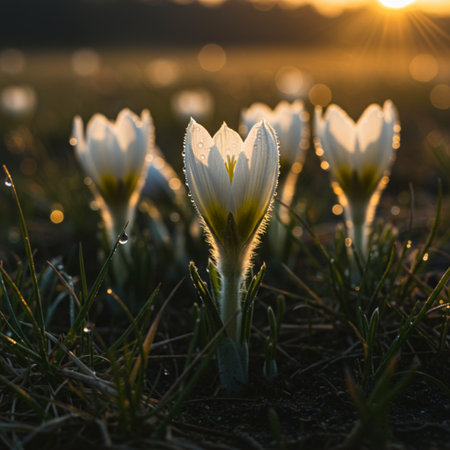 White crocus flowers in the field at sunset. First spring flowers.の素材