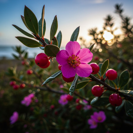 Pink flower on a bush with berries in the foreground at sunset.の素材