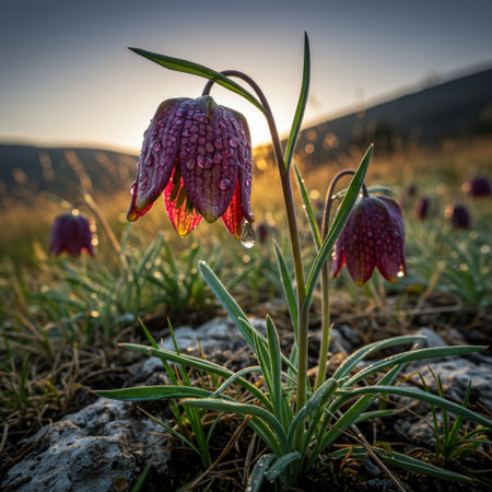 Fritillaria meleagris flower in the morning lightの素材
