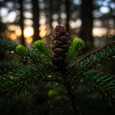 Pine tree in the forest at sunset. Shallow depth of field.の素材