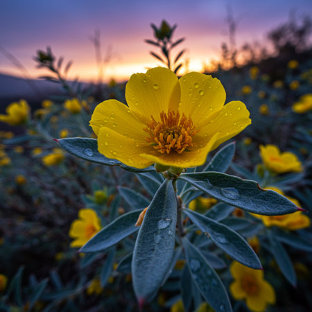 Yellow flower in the meadow with a beautiful sunset in the backgroundの素材
