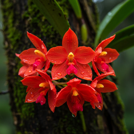 Red orchids in the rain forest. Close-up.の素材
