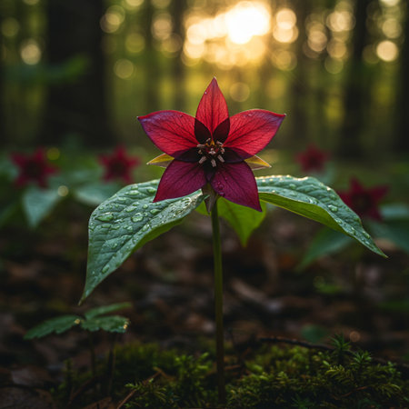 Beautiful red flower in the forest. Shallow depth of field.の素材
