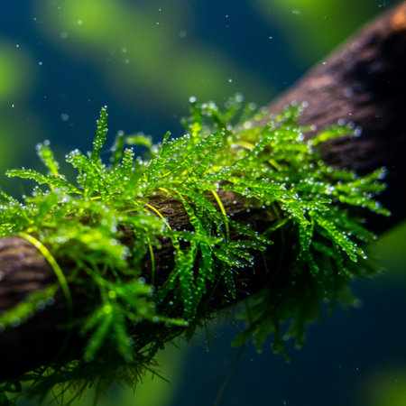 Green moss with water droplets on the branch in the forest.の素材
