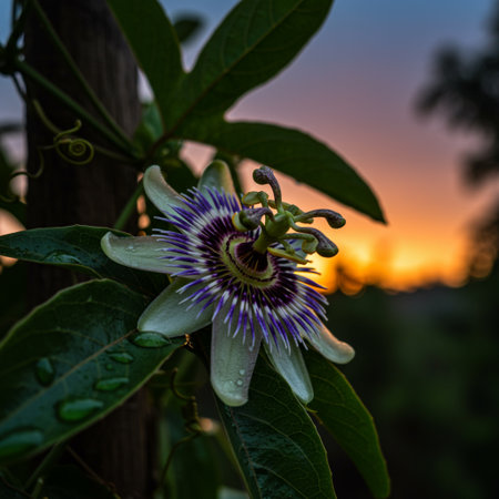 Passiflora caerulea flower on sunset background.の素材