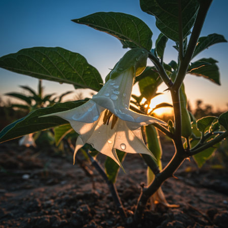 Datura stramonium flower in the field with sunsetの素材
