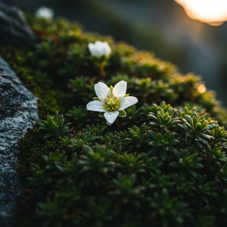 Little white flower on green moss in the forest at sunset time.の素材