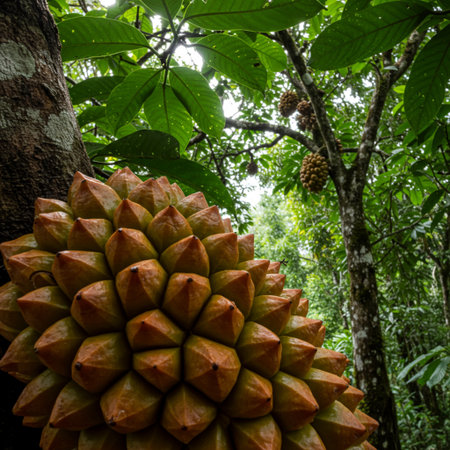 Ripe durian fruit on the tree in the tropical forest.の素材