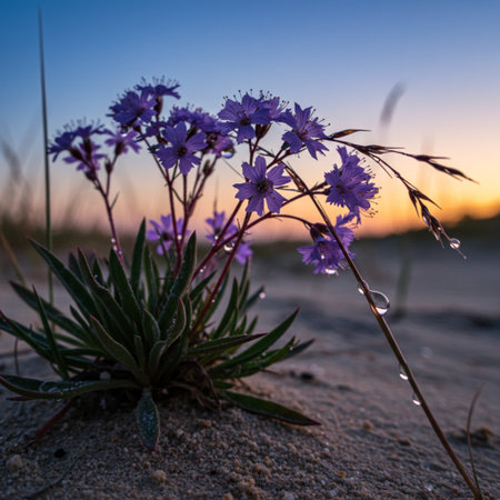 purple wildflowers on the beach at sunset, shallow depth of fieldの素材