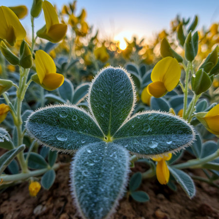 Sunset on a field of yellow lupins with dew dropsの素材