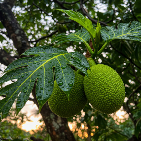 Jackfruit on the tree with dew drops after the rain.の素材