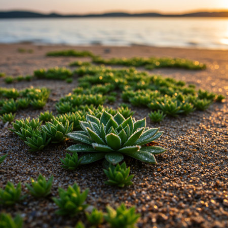 Close up of succulent plant growing on the beach at sunset.の素材