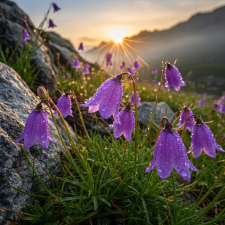 Bellflower (Campanula patens) in the mountains at sunsetの素材