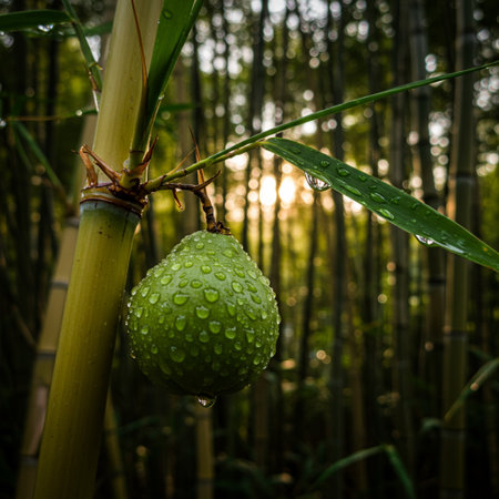 Green bamboo with dew drops in the morning. Bamboo backgroundの素材
