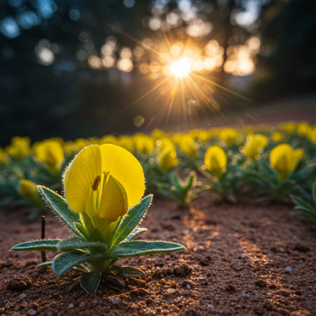 Yellow crocus flower in the field at sunset with sun rays.の素材