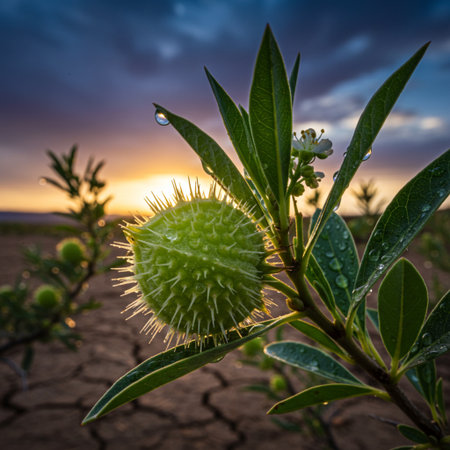 Close up of a green flower on the background of a beautiful sunsetの素材