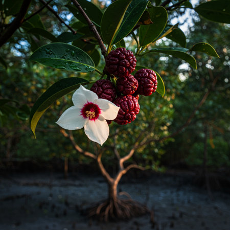 Close up of red berry with white flower in the mangrove forestの素材