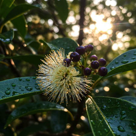 Flower of a tree with dew drops in the morning.の素材