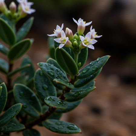 Close up of small white flowers with water drops on leaves and budsの素材