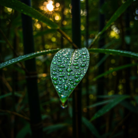 Morning dew on the bamboo leaf in the forest, Thailand.の素材