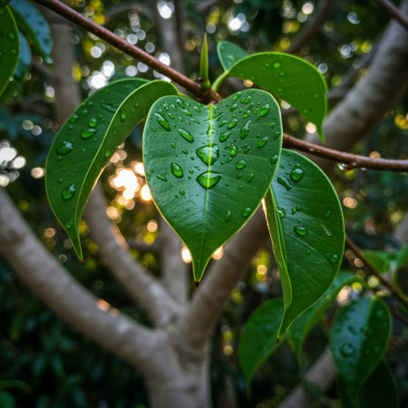 Water drops on the leaves of a ficus benjamina treeの素材