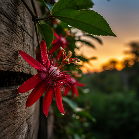 Beautiful red passion flower in the garden at sunset. Red passion flowerの素材