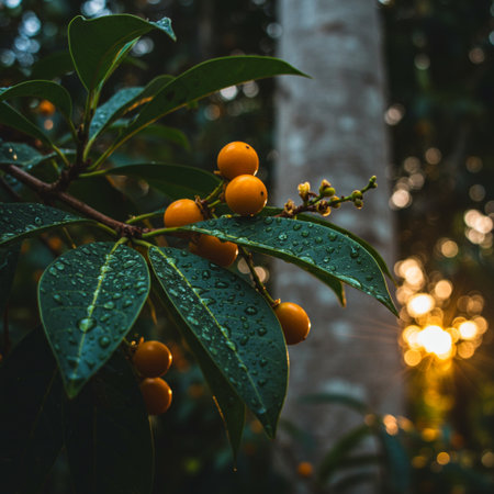 Branch with yellow berry in the morning light, Thailand.の素材