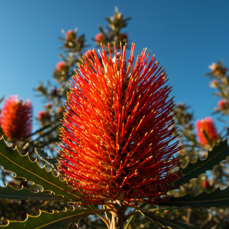 Red protea flower on a background of blue sky, South Australiaの素材